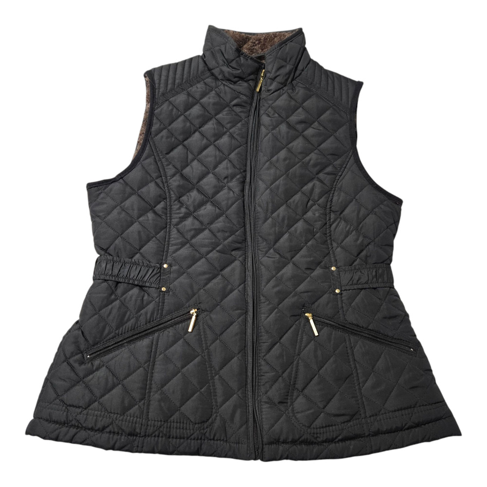 Weatherproof Women's Small S Puffer Vest Jacket Black Zip faux fur lining.
